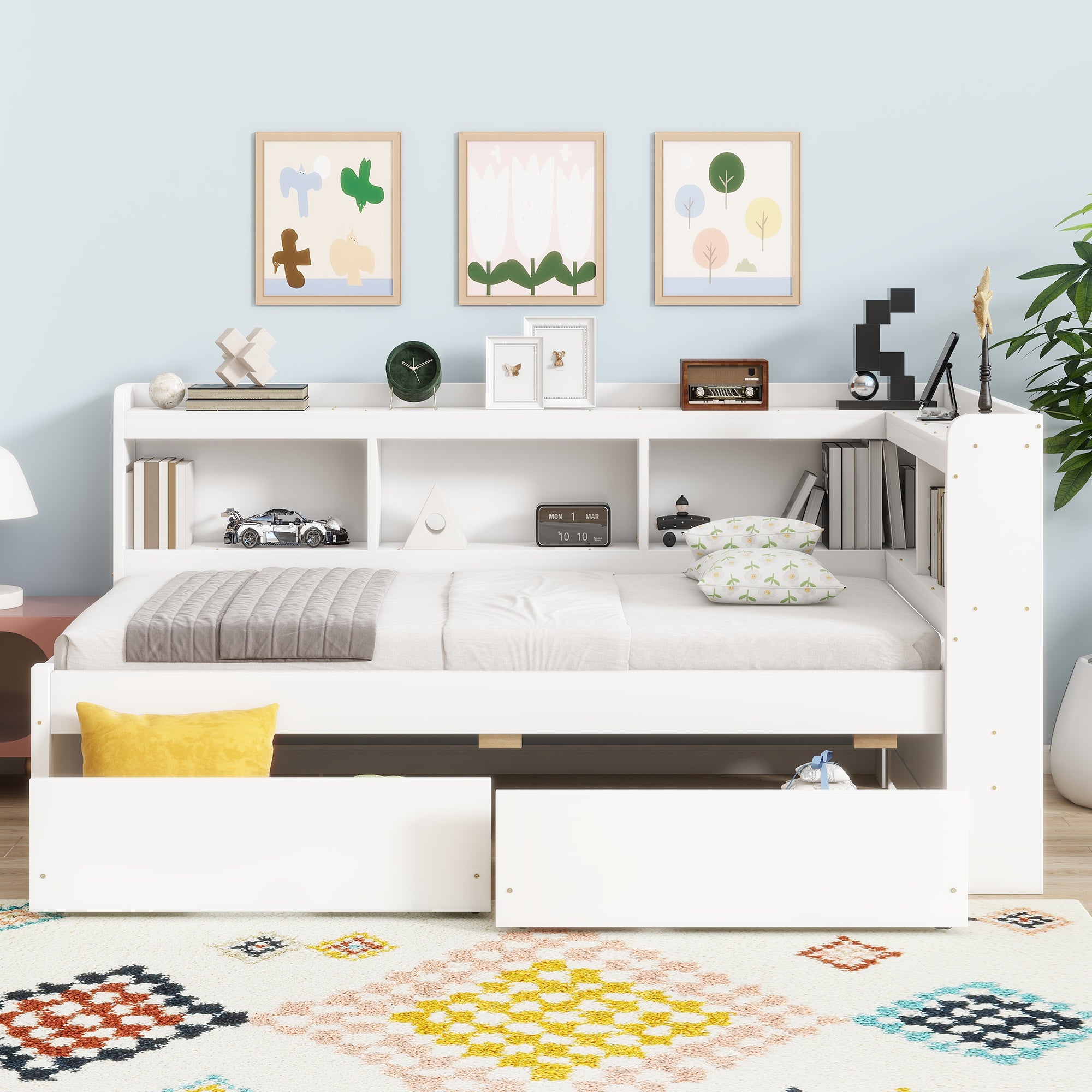 Twin L-Shaped Bookcase Bed: Power Outlets, USB, 2 Drawers, White