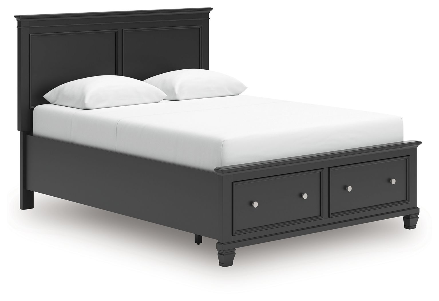Black panel bed with two drawers and white mattress, paneled headboard and side panels