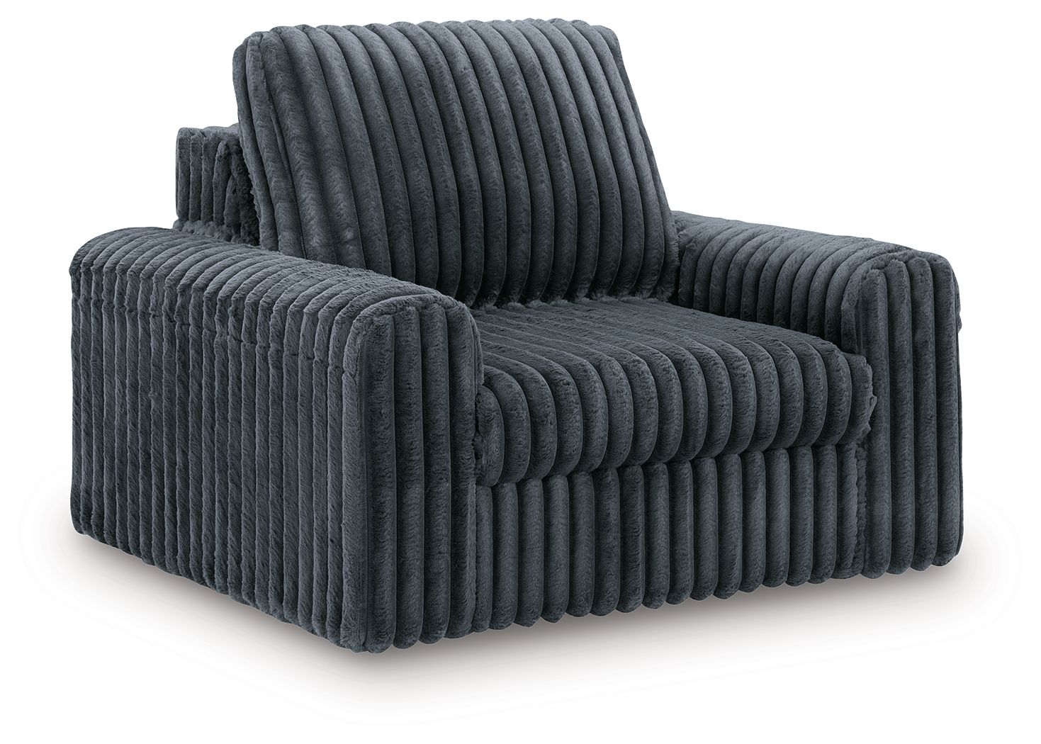 Gunmetal corduroy power gliding chaise with padded arms and upright backrest.