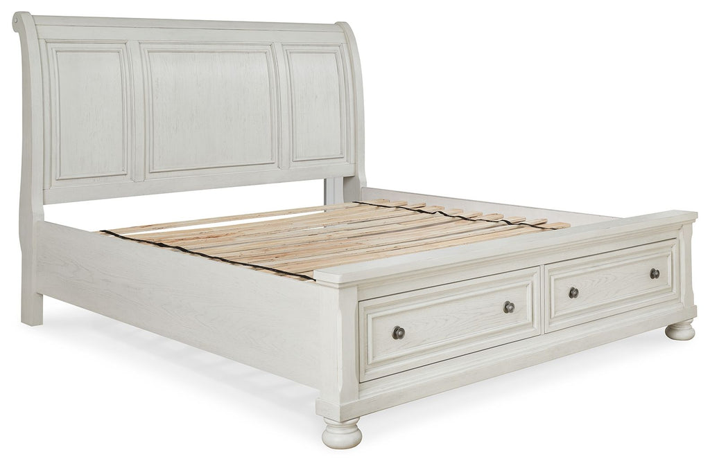 Antique white California king bed frame with roll slats and panel rails