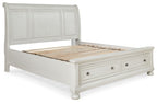 Antique white California king bed frame with roll slats and panel rails