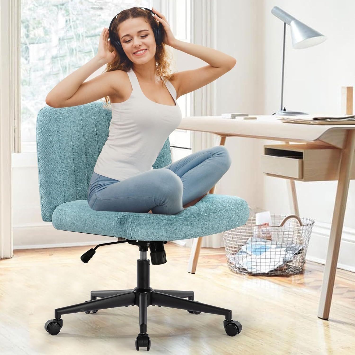 Linen Wide Seat Home Office Chair with Swing Backrest