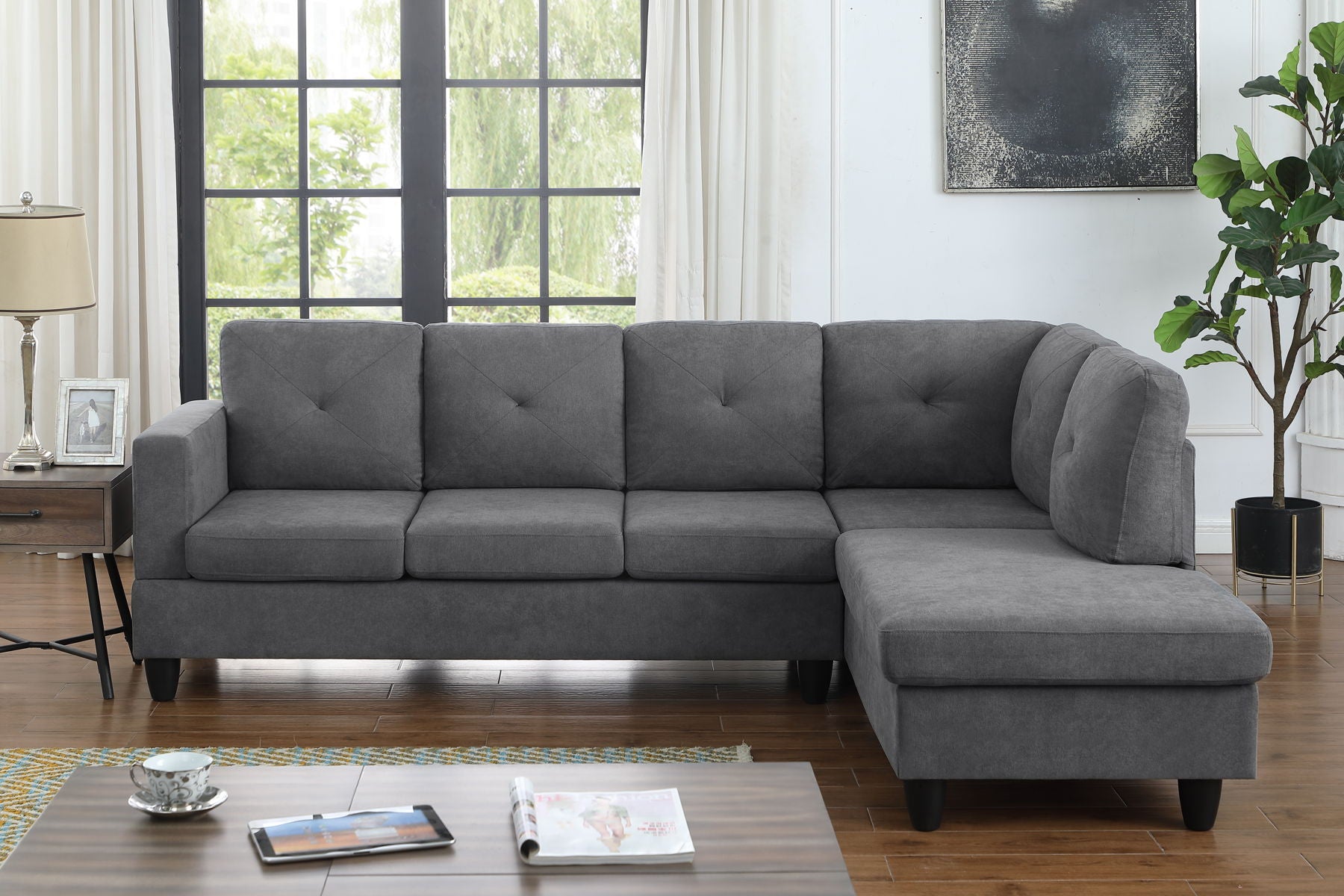 Ivan - Woven Sectional Sofa With Right Facing Chaise - Dark Gray