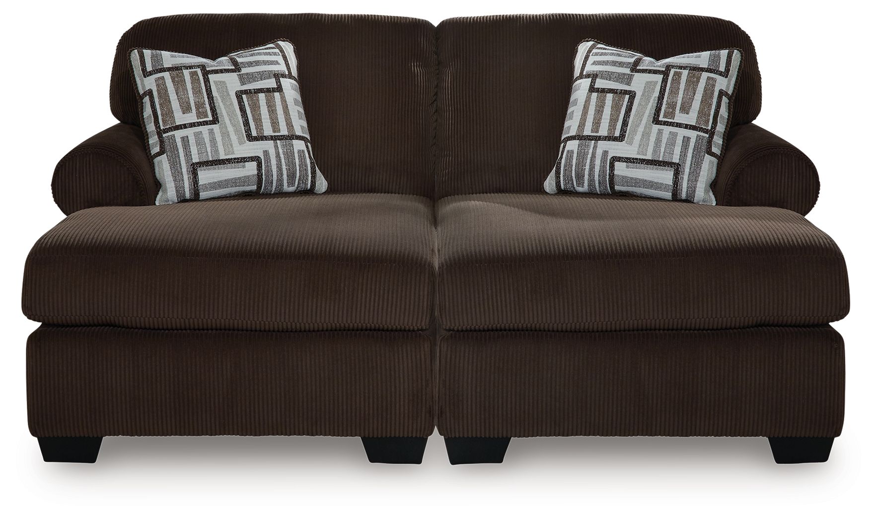 Chocolate loveseat-style sectional with two seat cushions and patterned throw pillows