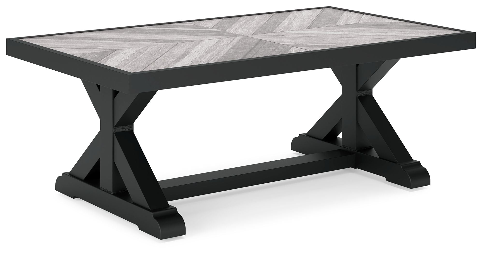 Rectangular cocktail table with black legs and light gray rectangular tabletop