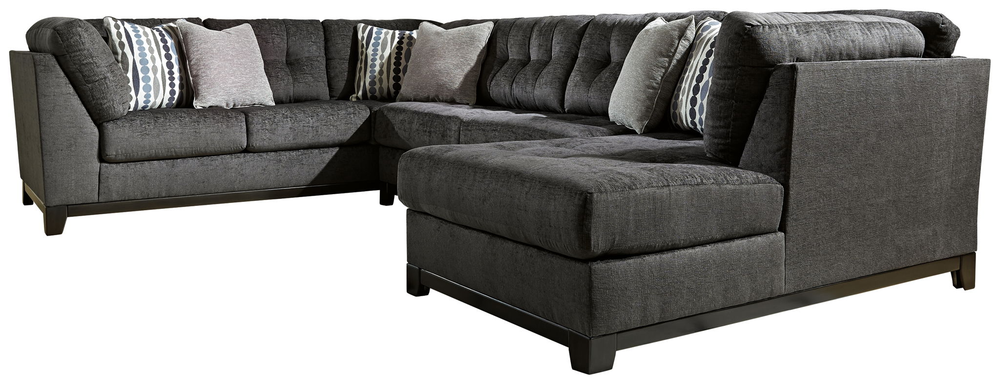 Gray corner sectional sofa with chaise, thick seat cushions, patterned pillows