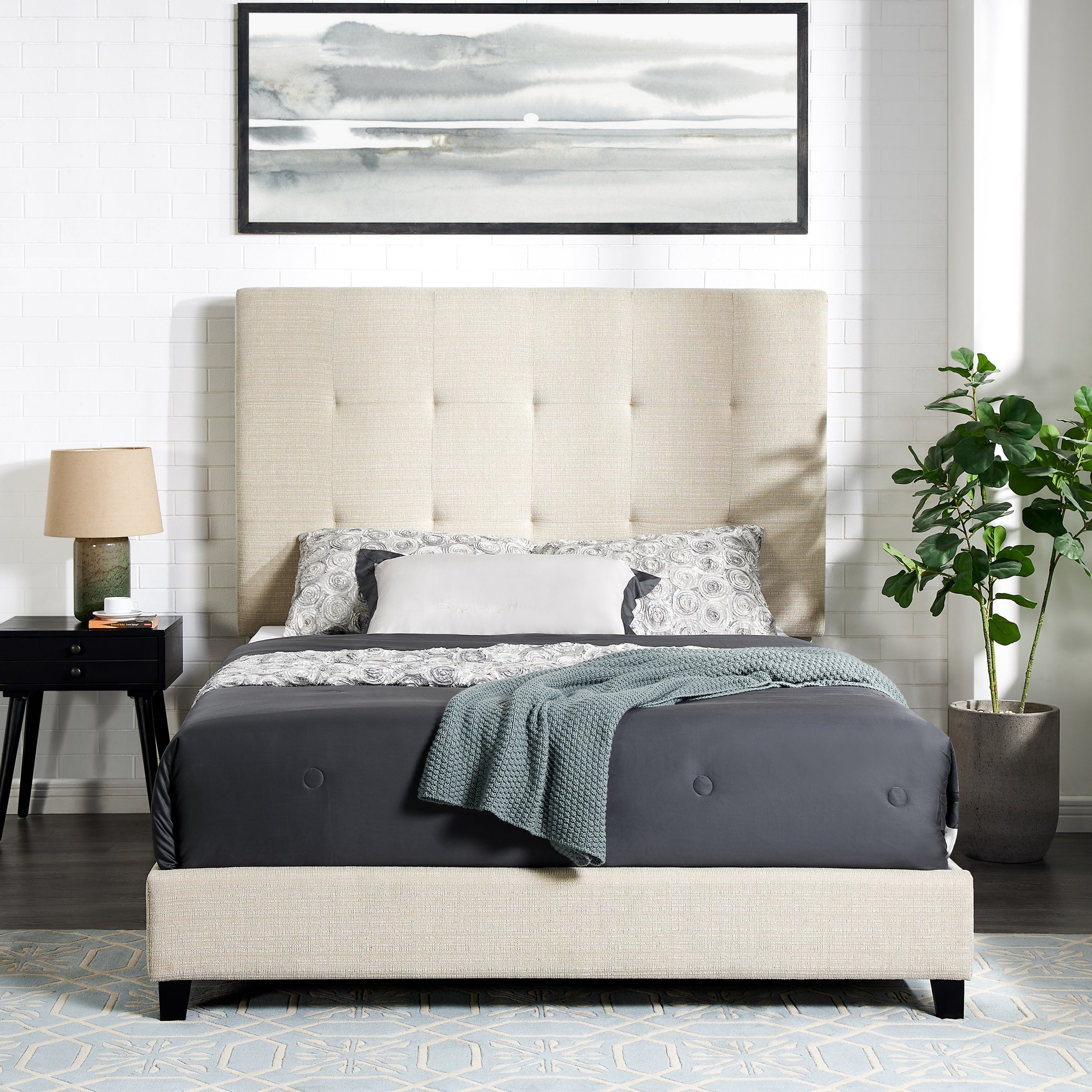 Queen Beige Tufted Upholstered Platform Bed Frame
