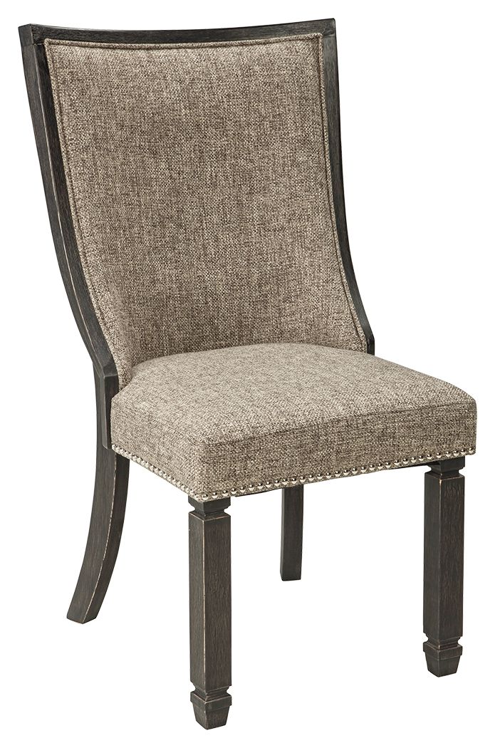 Upholstered dining side chair with curved framed back, dark legs, tan fabric seat