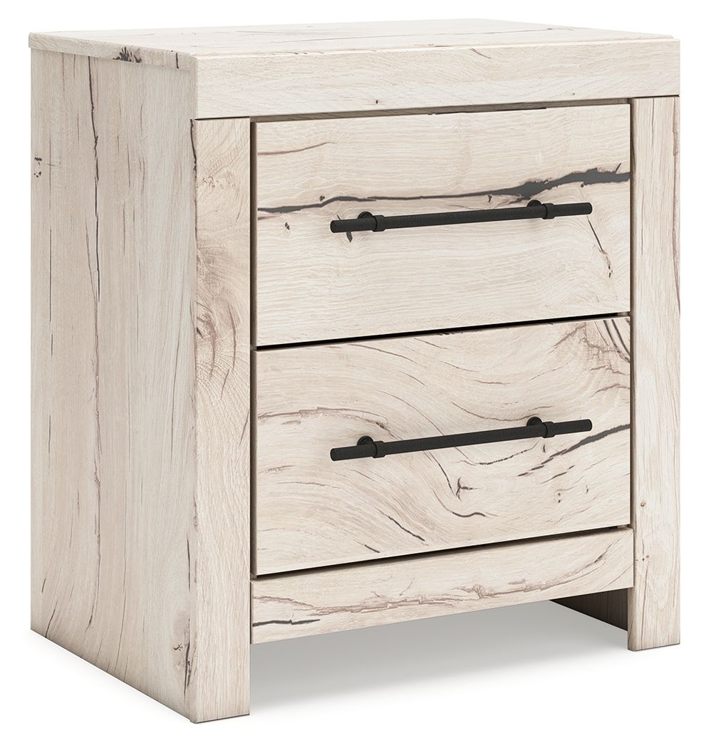 Lawroy two-drawer night stand, light natural wood with black metal pulls