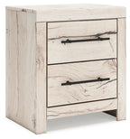 Lawroy two-drawer night stand, light natural wood with black metal pulls