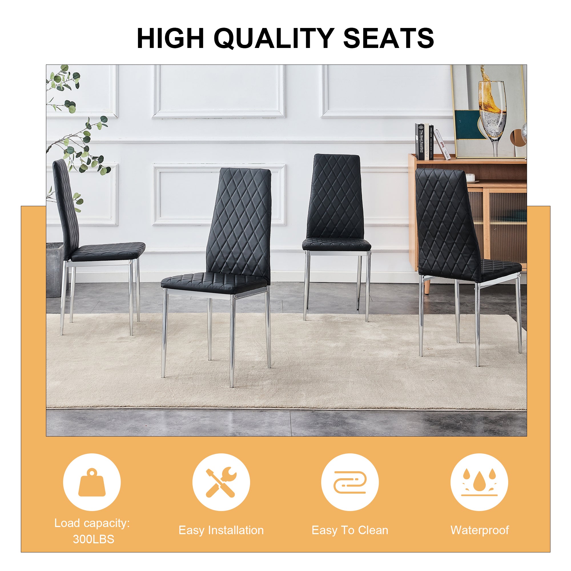 Glass Dining Table & 4 Black Chairs Set