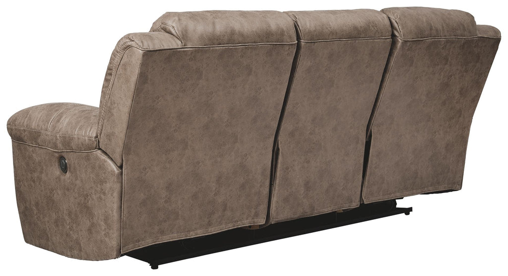 Taupe-gray power reclining sofa with three back panels and padded arm section.