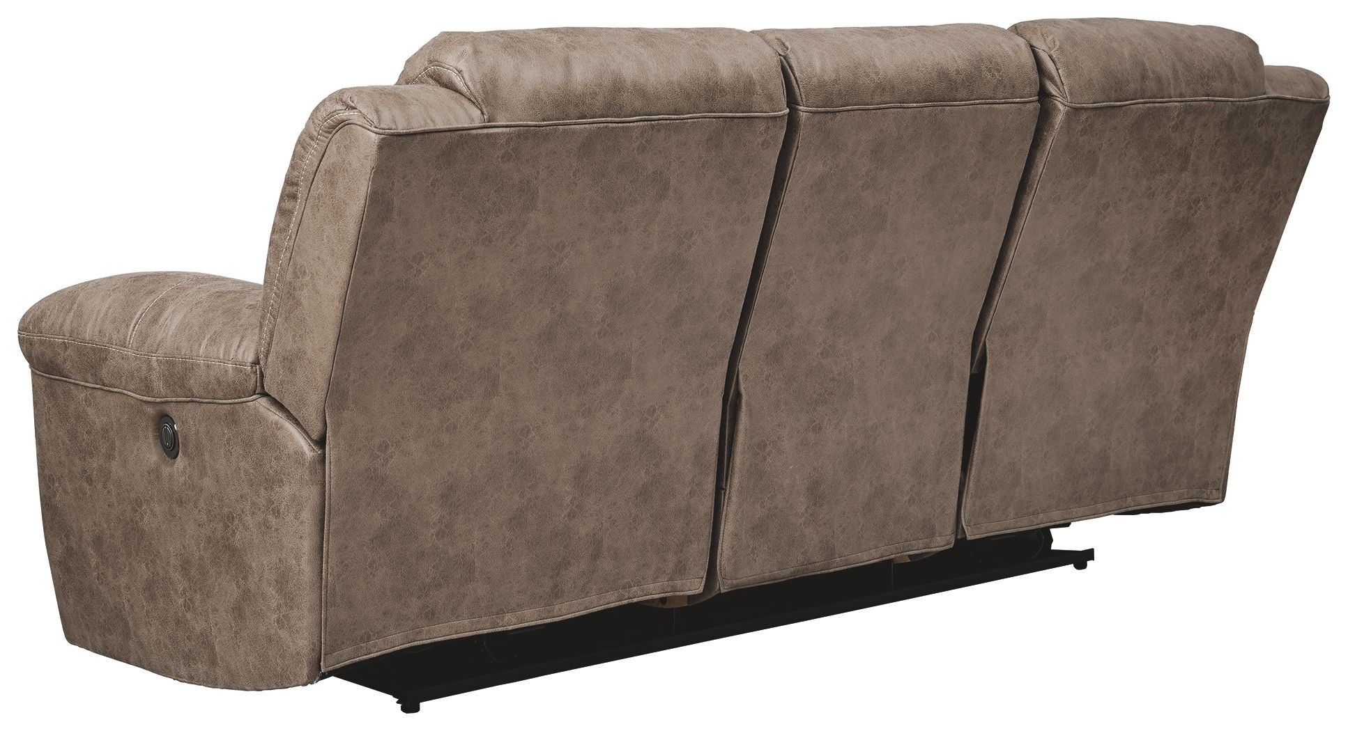 Taupe-gray power reclining sofa with three back panels and padded arm section.