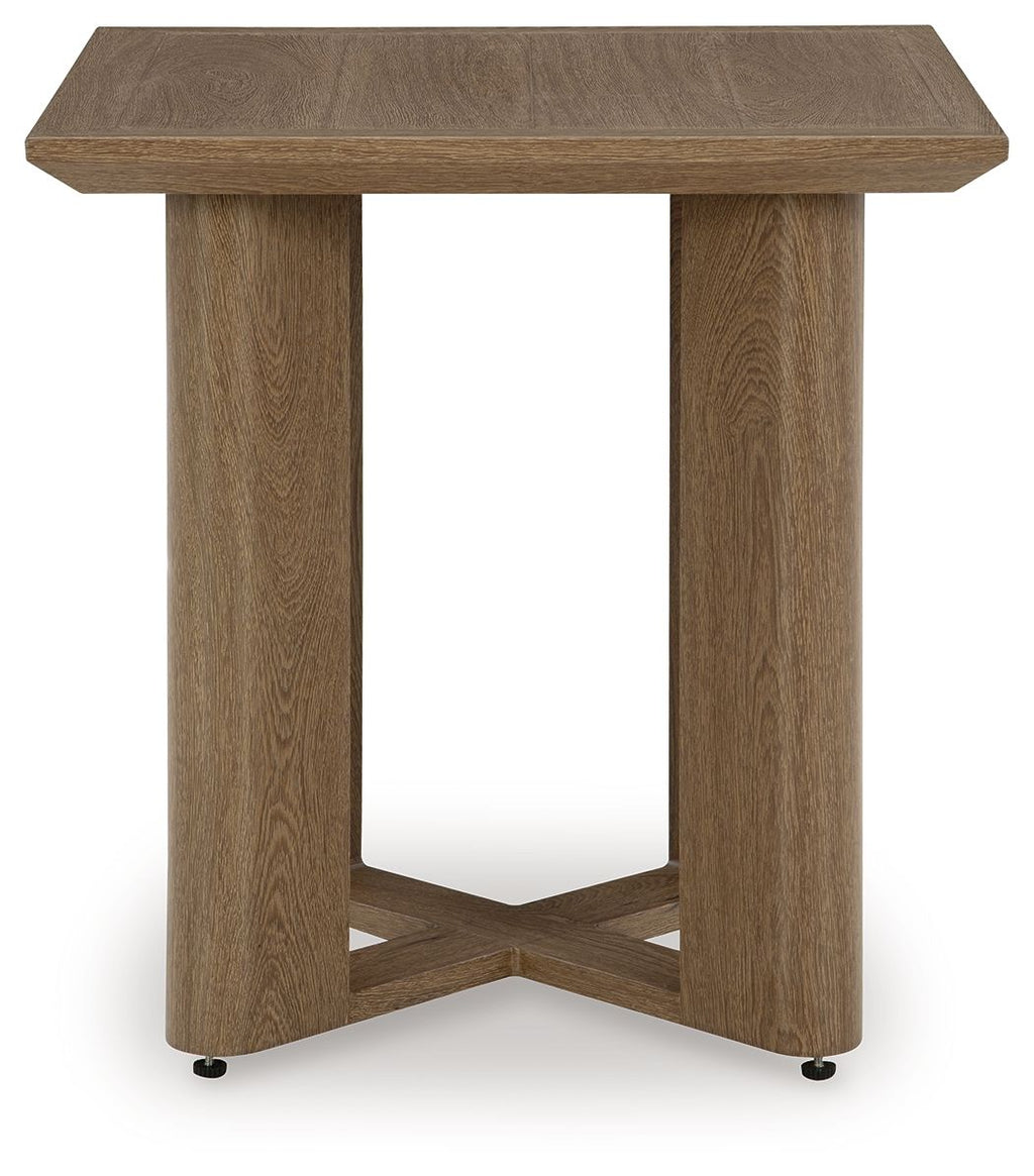 Square side table with dark wood top and angled legs with an X-style brace