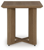 Square side table with dark wood top and angled legs with an X-style brace