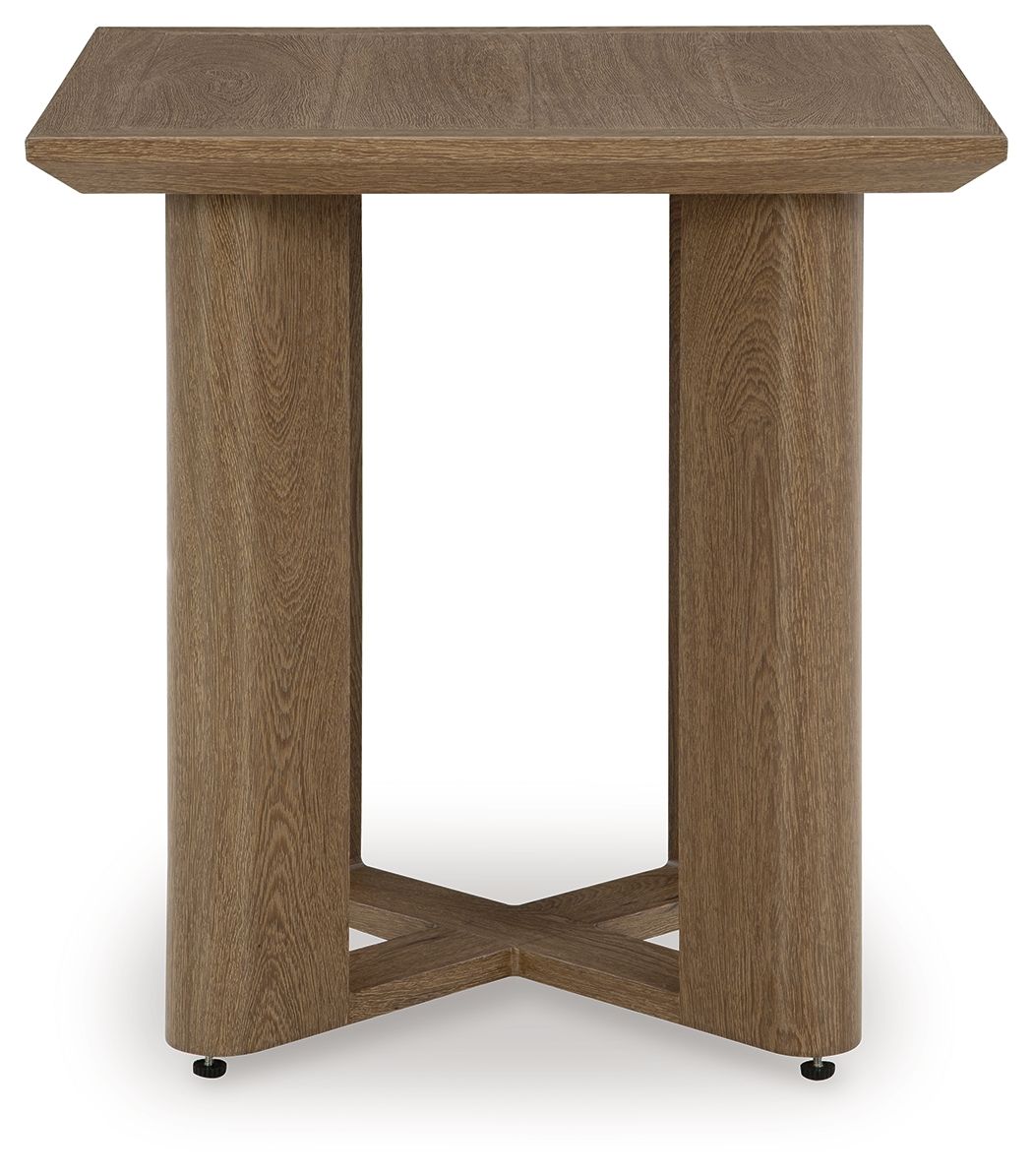 Square side table with dark wood top and angled legs with an X-style brace