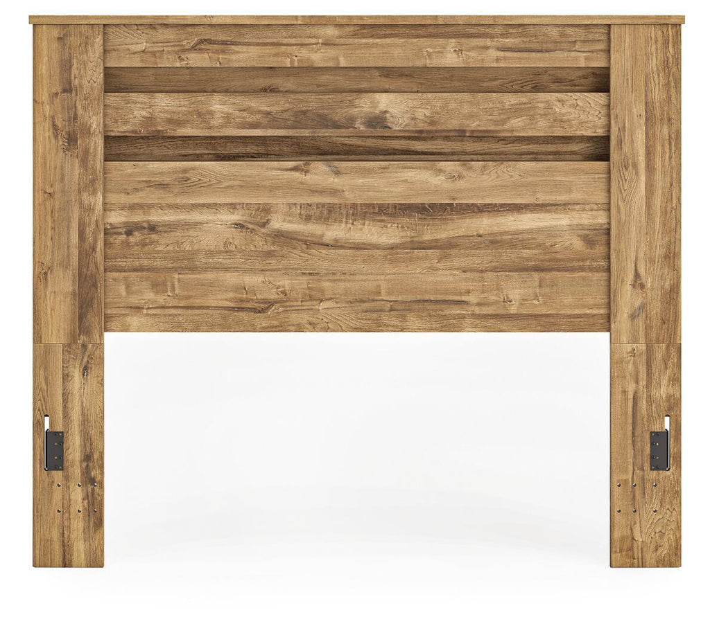 Light brown wood panel headboard with horizontal slats and side posts
