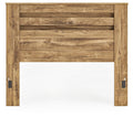 Light brown wood panel headboard with horizontal slats and side posts