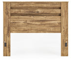 Light brown wood panel headboard with horizontal slats and side posts