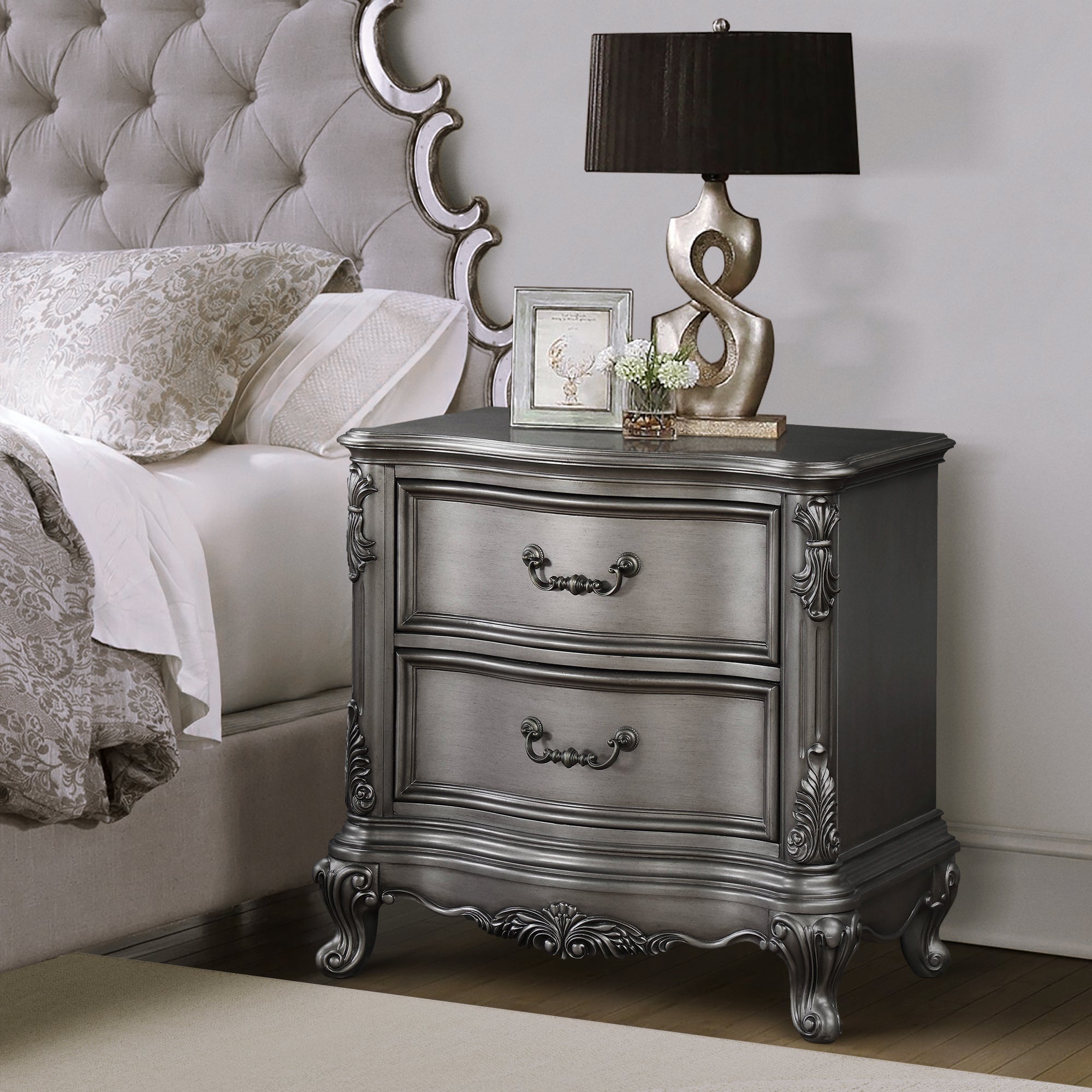 Antique Platinum 2-Drawer Nightstand: Elegant Bedroom Furniture