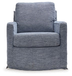Blue upholstered swivel glider accent chair front view with thick seat and back cushions
