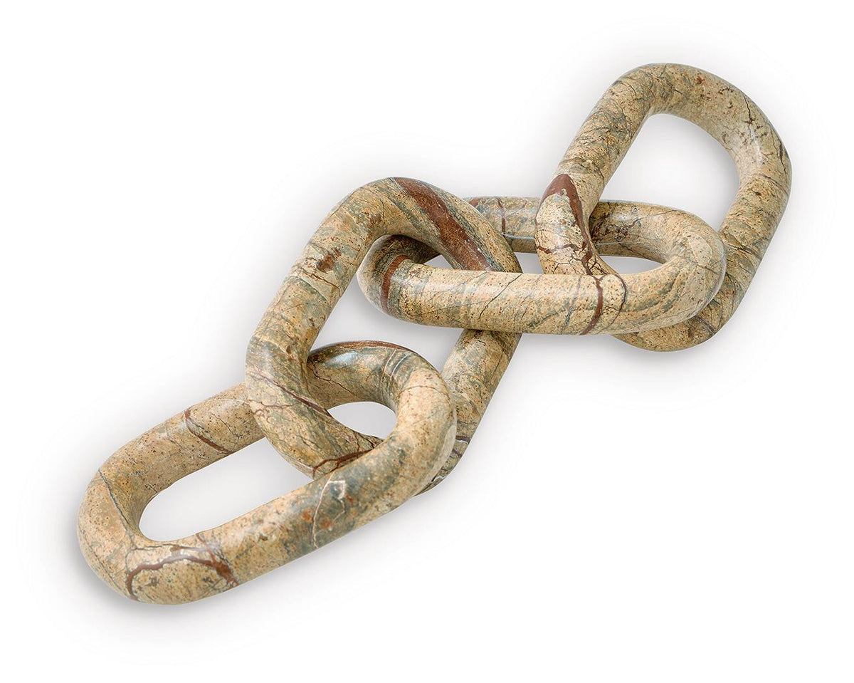 Light brown marble-look chain link sculpture with two interlocking links