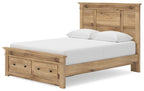 Light brown wooden storage bed with panel headboard, footboard drawers, and white upholstered pillows
