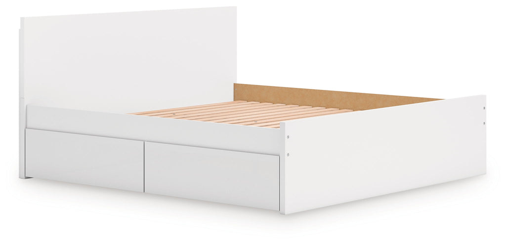 White panel platform bed with slatted mattress support and drawer-front storage