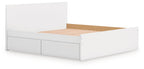 White panel platform bed with slatted mattress support and drawer-front storage