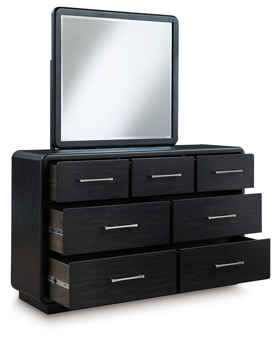 Black dresser with square mirror and stacked drawers with metal bar pulls