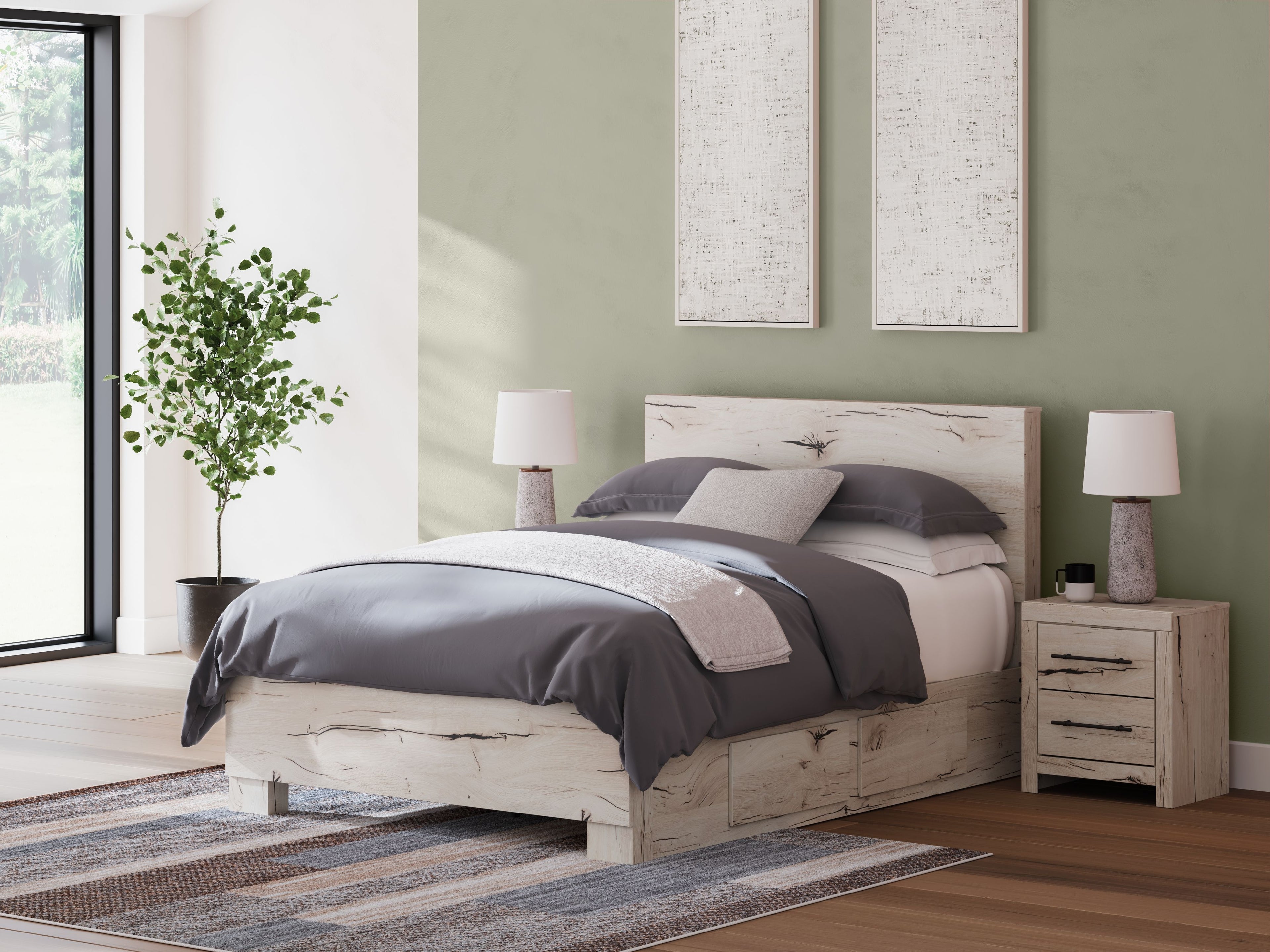 Light wood panel bed with storage drawers, gray bedding with headboard detail