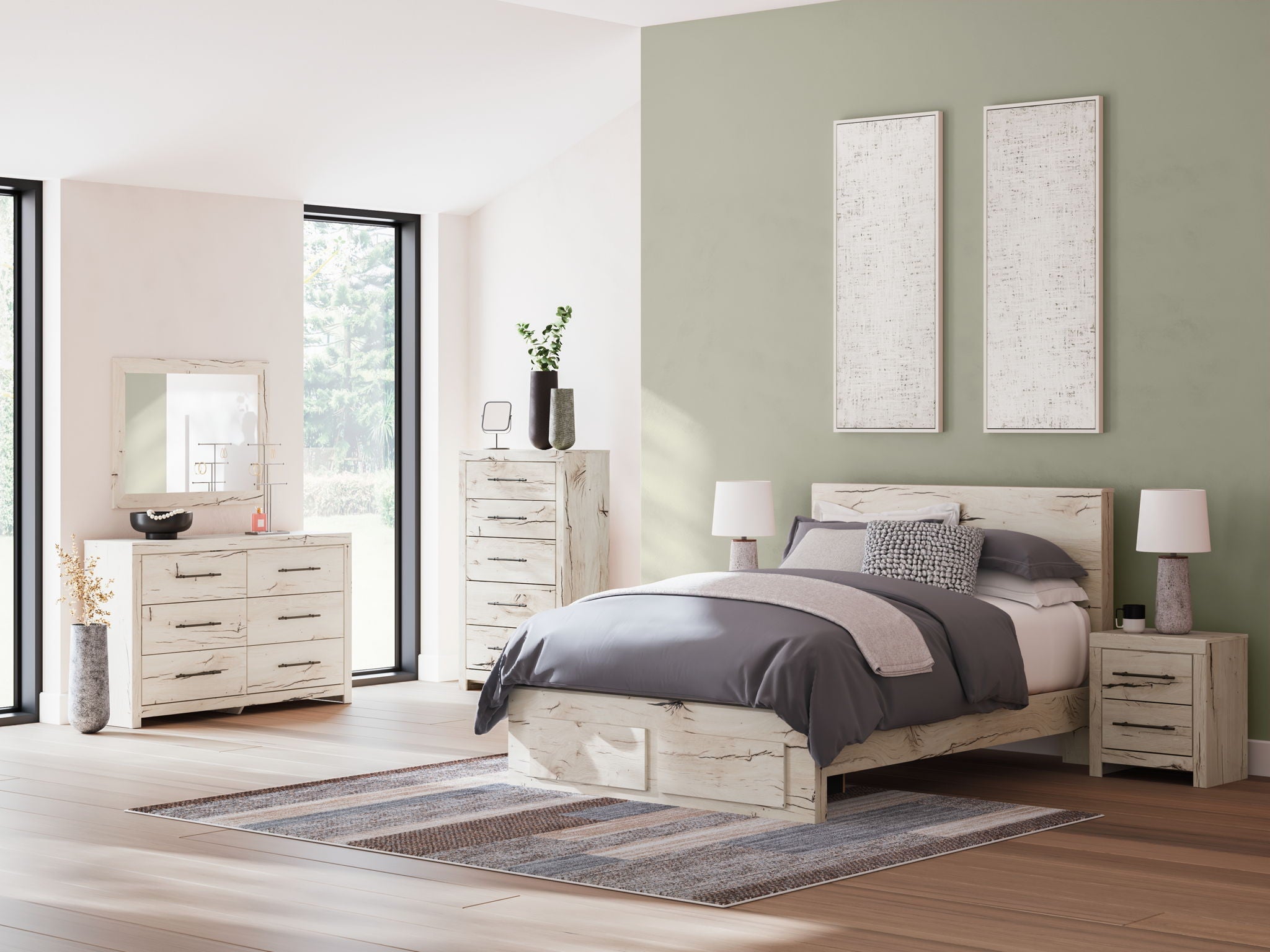 Storage bedroom set: light wood bed with drawers, dresser with mirror, chest, and nightstands
