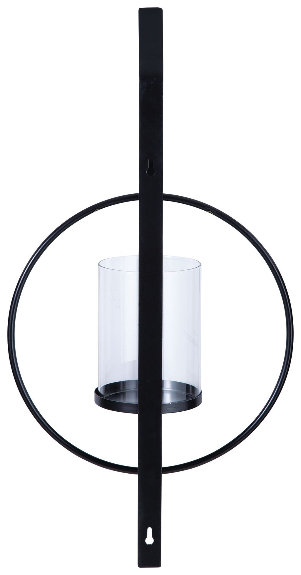 Black wall sconce with vertical bar and clear glass cylinder shade