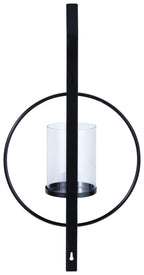 Black wall sconce with vertical bar and clear glass cylinder shade