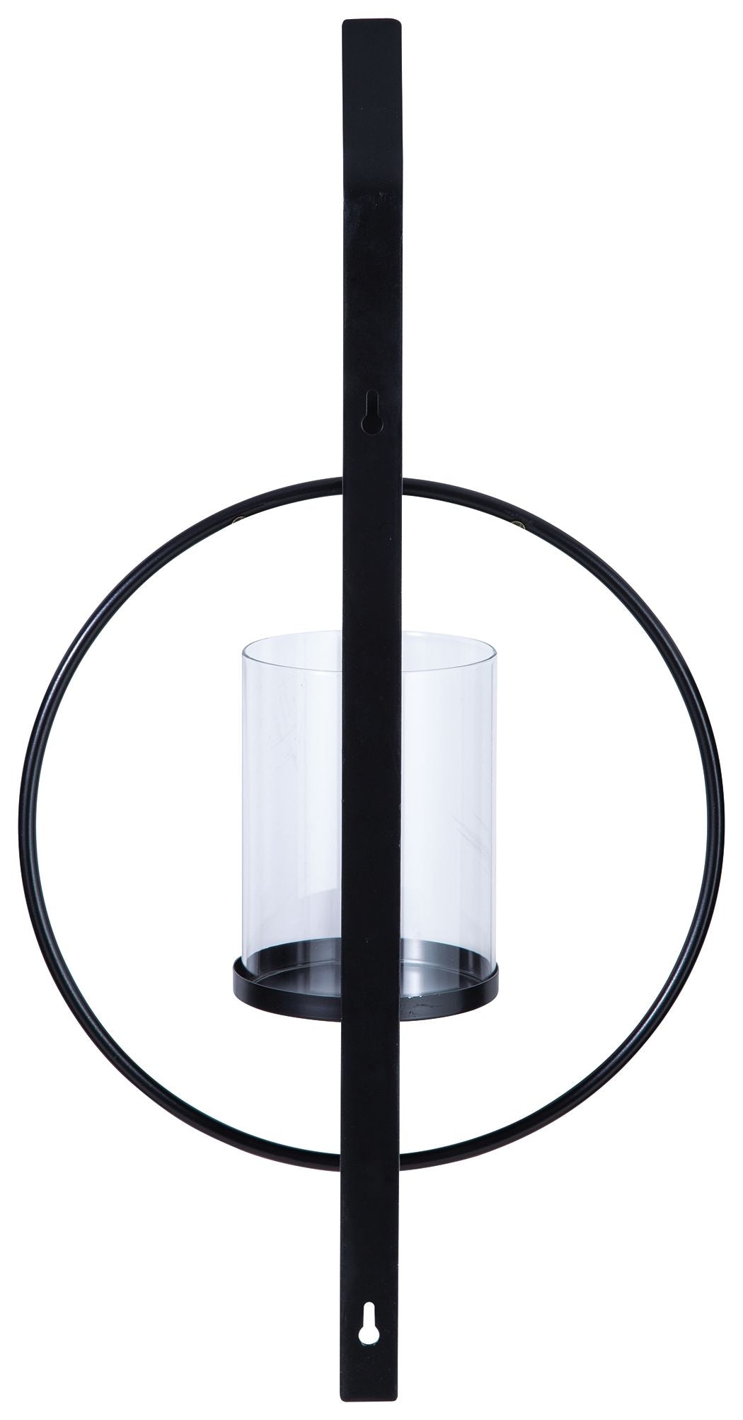 Black wall sconce with vertical bar and clear glass cylinder shade