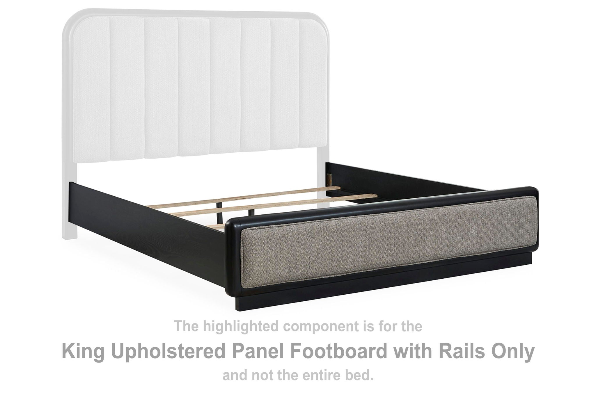 Upholstered king footboard with rails, gray fabric panel and black frame