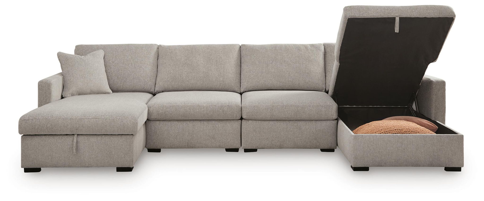 Gray sectional sofa with chaise and open storage console on the corner end