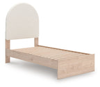Upholstered panel bed with beige headboard and slatted base in light wood