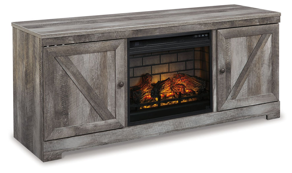 Gray TV stand with central fireplace insert behind glass, two diagonal door panels