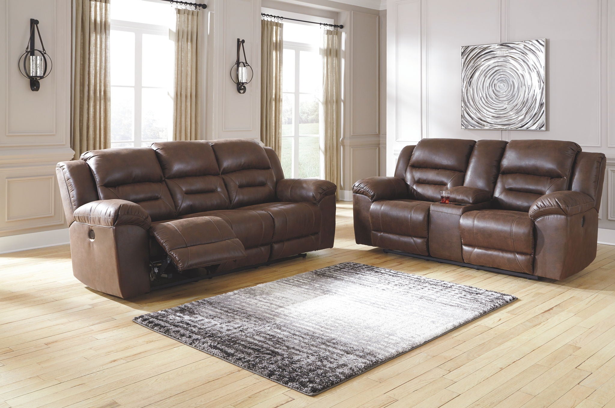Dark brown reclining sofa and loveseat set with padded backs and armrests