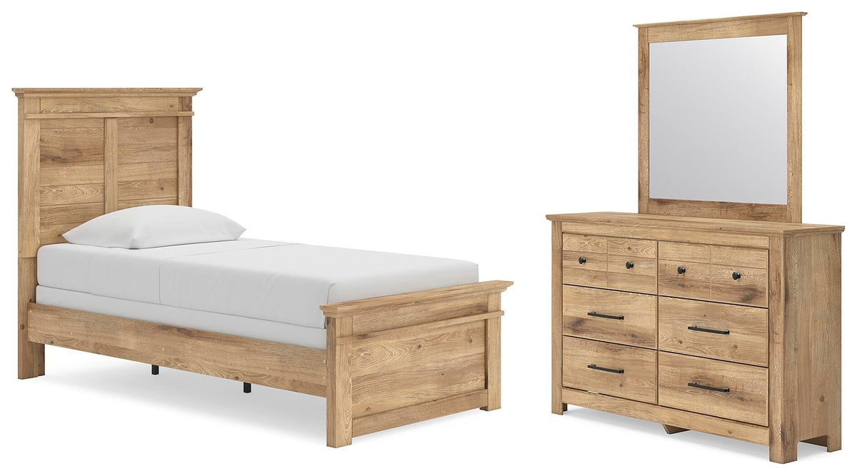 Panel bed with matching dresser and mirror set in light brown wood finish