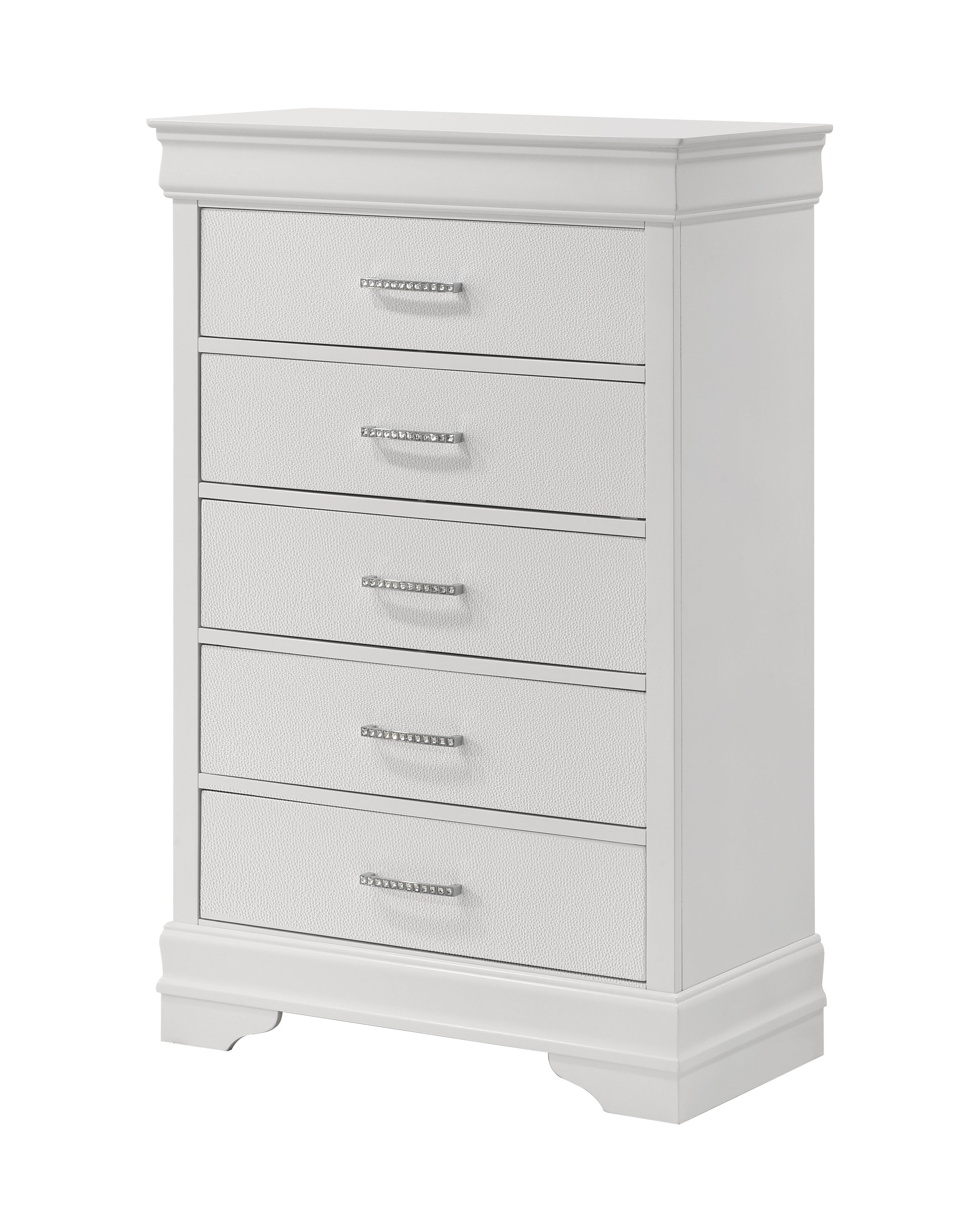 Modern White 5-Drawer Tall Chest, Solid Wood Crystal