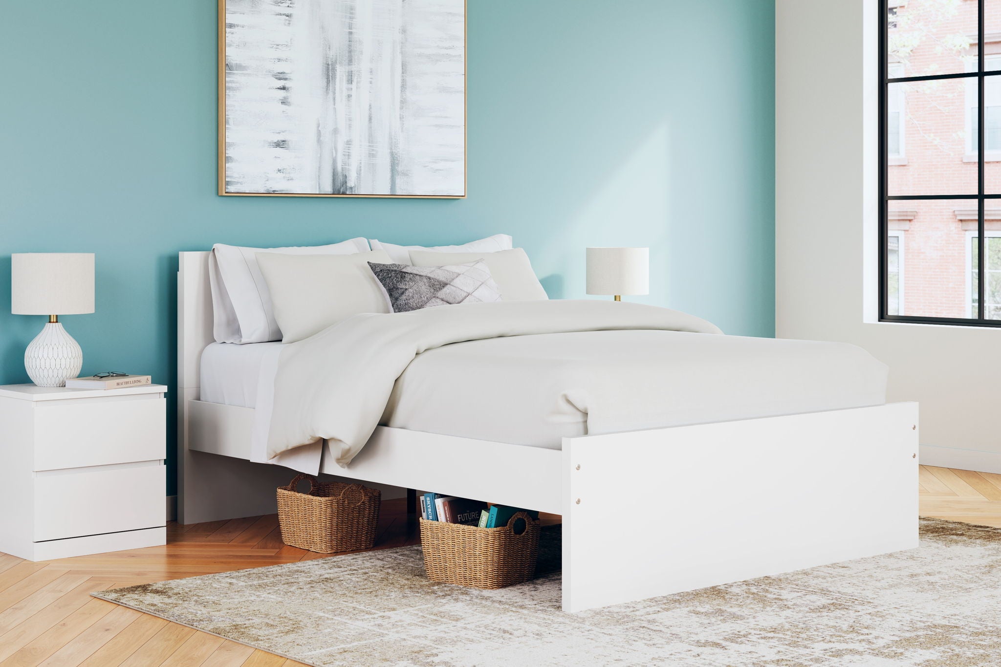 White panel platform bed with slatted base and under-bed storage on both sides