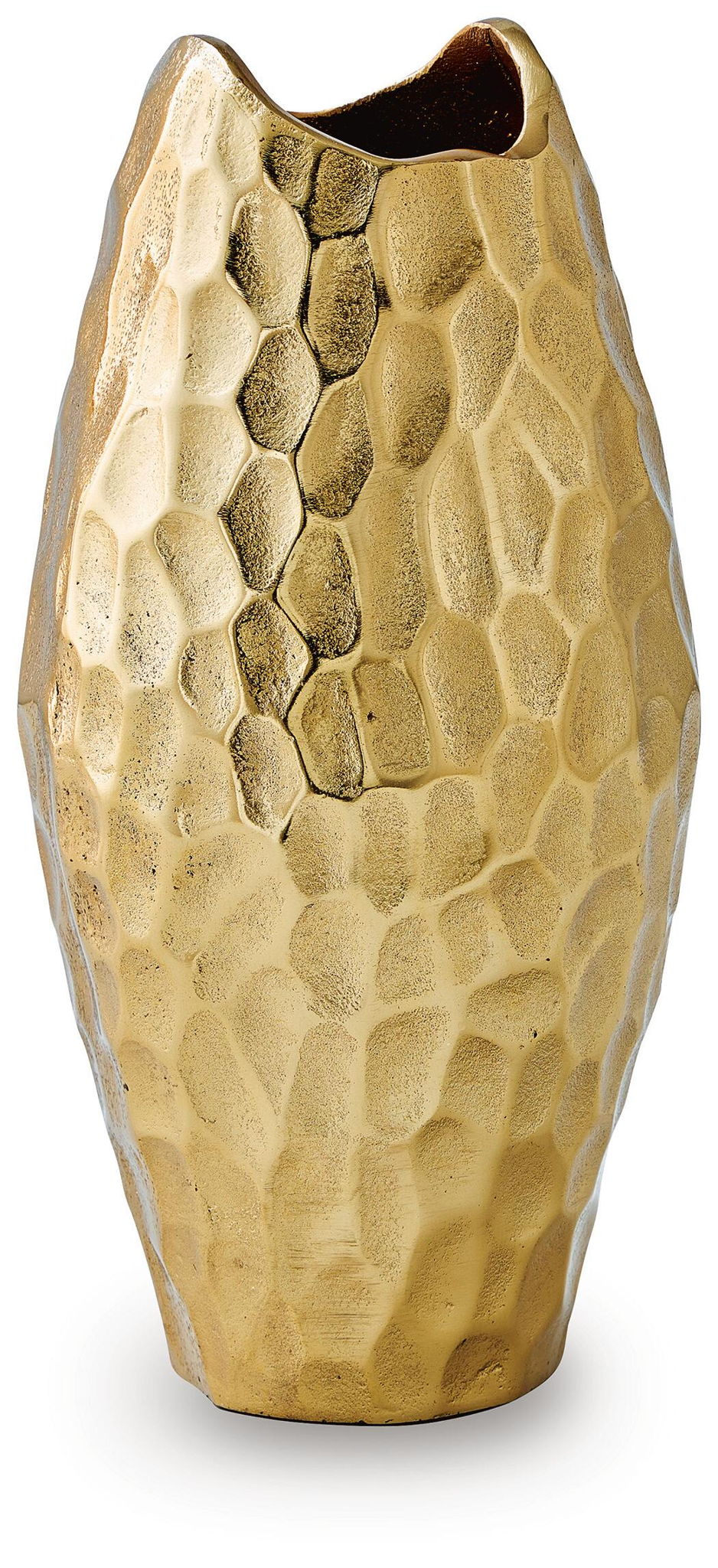 Gold hammered metal vase with narrow neck and organic faceted surface