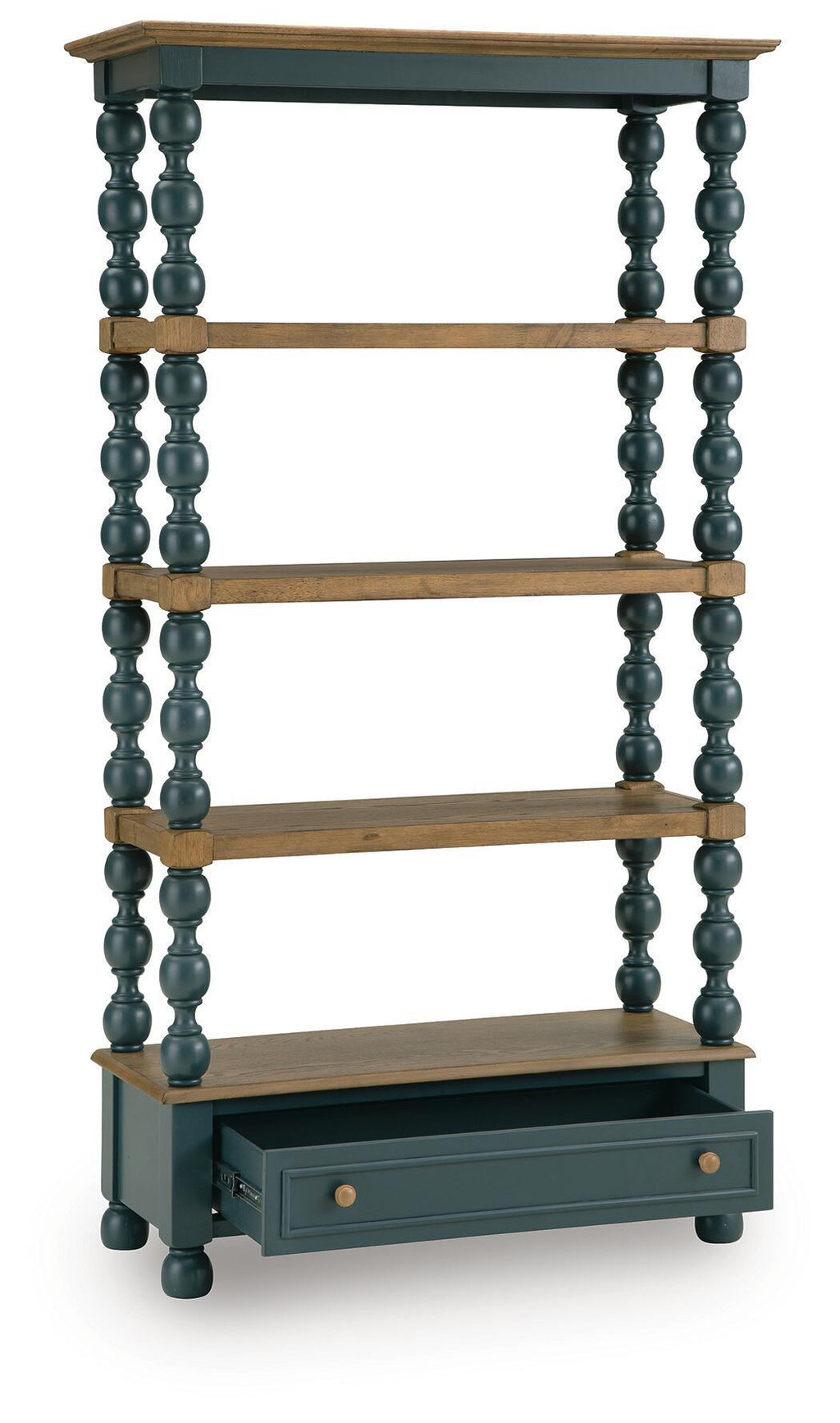 Blue bookcase with brown shelves, turned posts, and drawer at bottom; open front frame.