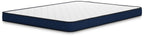 Firm mattress with white quilted top and dark blue side border