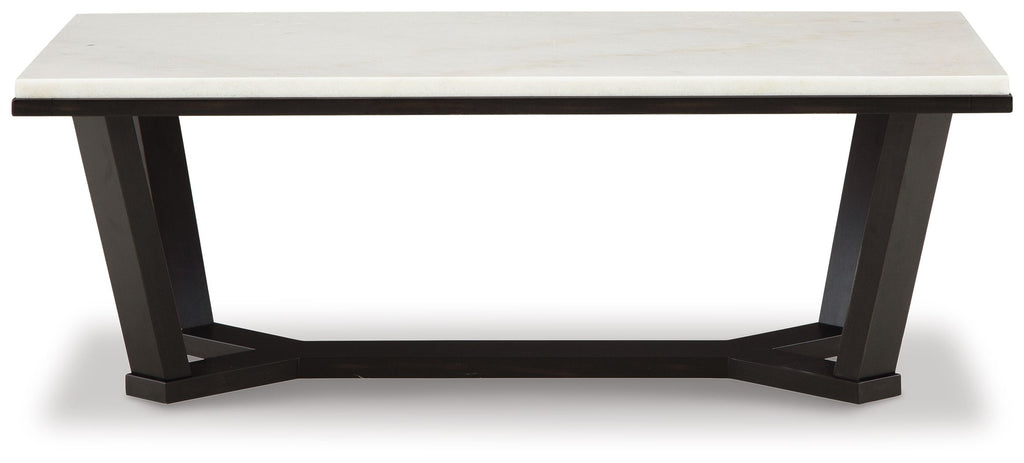 Rectangular cocktail table with white top and dark espresso base, side view