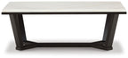 Rectangular cocktail table with white top and dark espresso base, side view