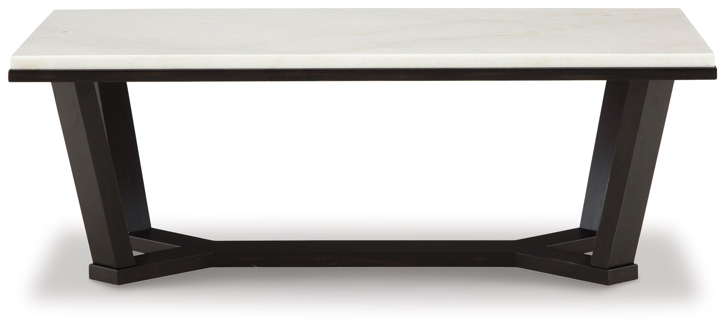 Rectangular cocktail table with white top and dark espresso base, side view