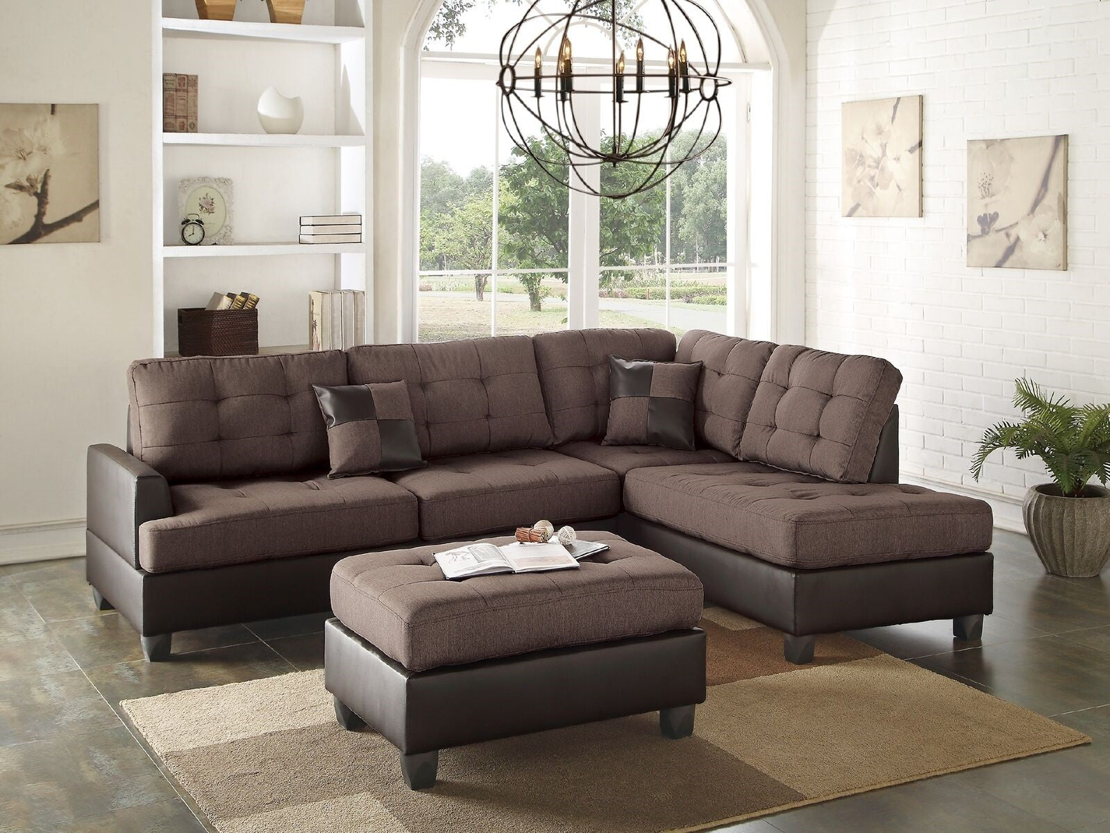 Chocolate Tufted Reversible Sectional Sofa w/ Chaise Ottoman